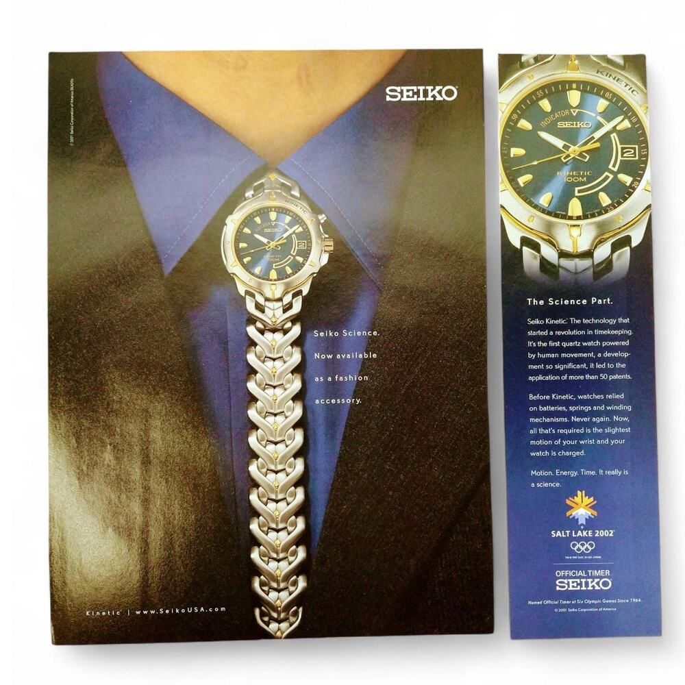 2001 Seiko Kinetic Watch Print Ad Man Wearing Watch as Tie Elegant‎ Humor